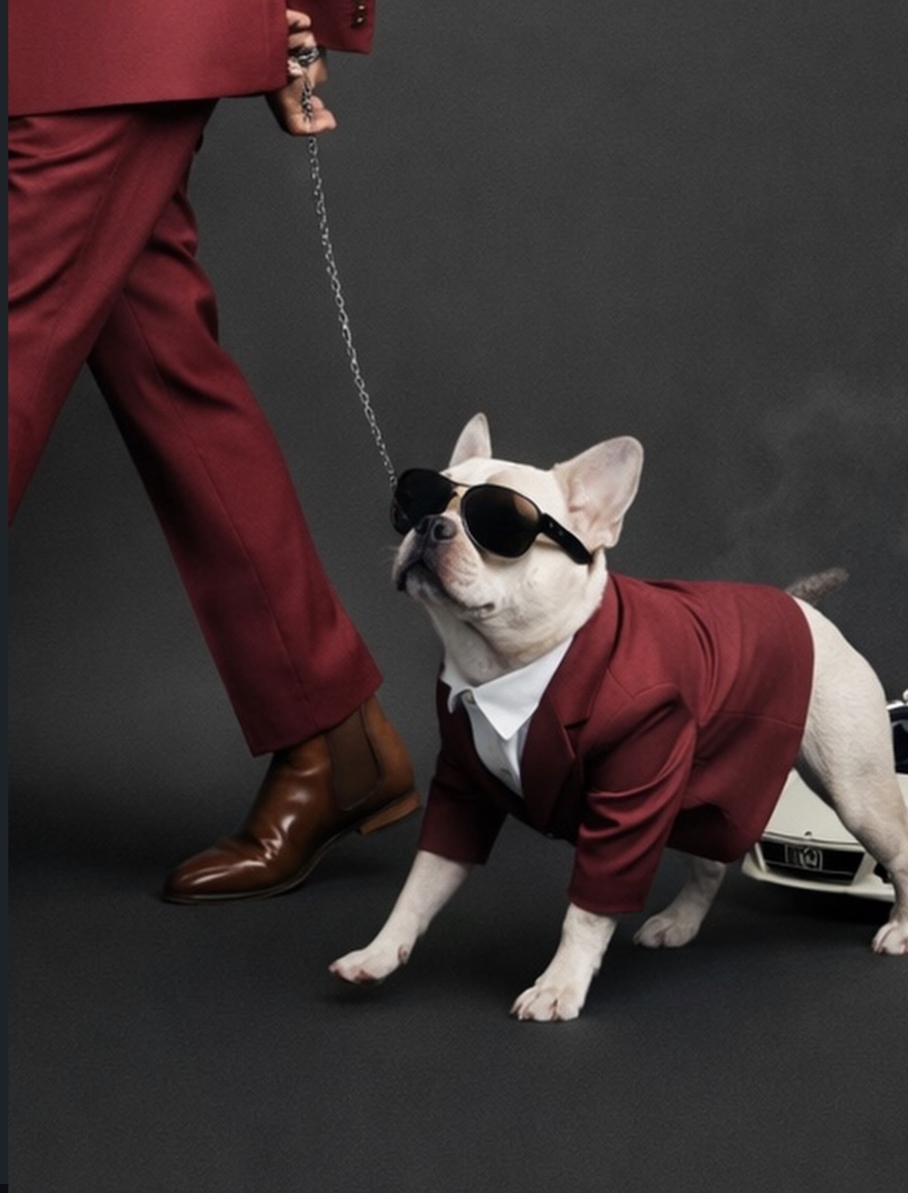 Creative editorial shoot of an owner and French Bulldog in matching burgundy suits, styled concept photography by KB Photography